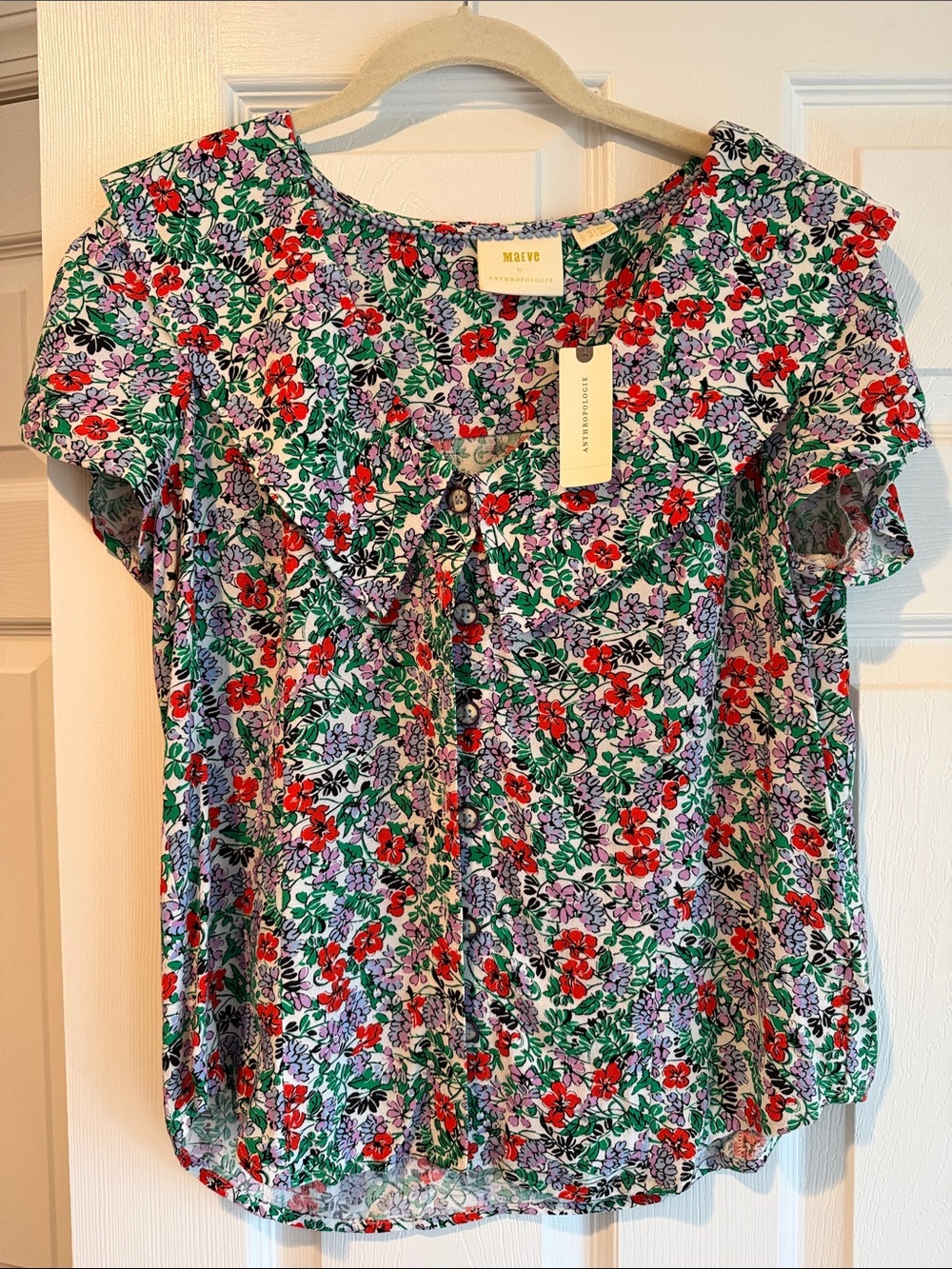 Maeve Multicolor Floral Button-Front Short Sleeve Blouse